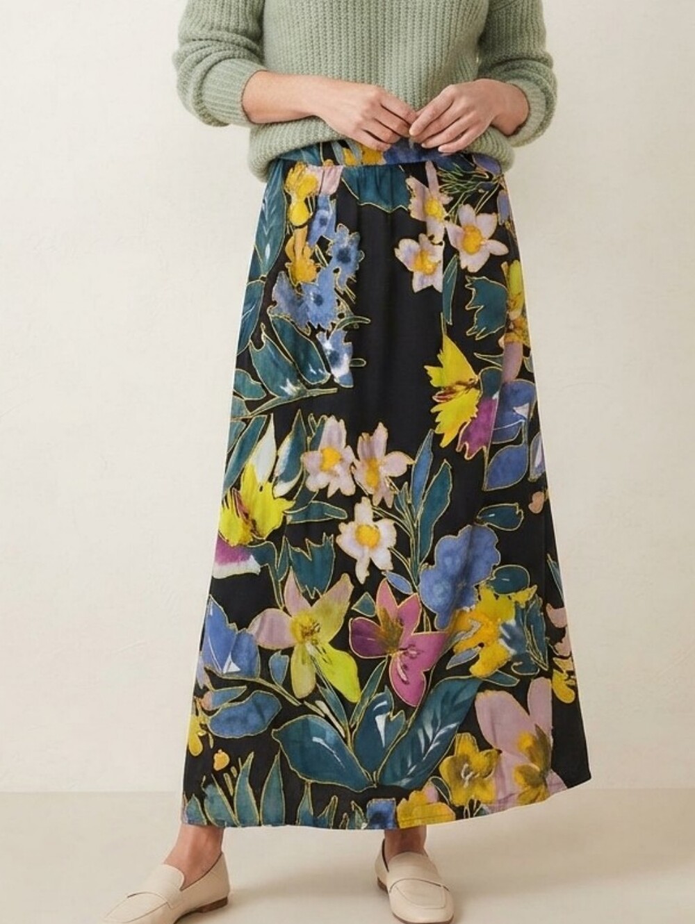 Daniel Rainn Floral Maxi Skirt - Black with Blue, Yellow & Green L